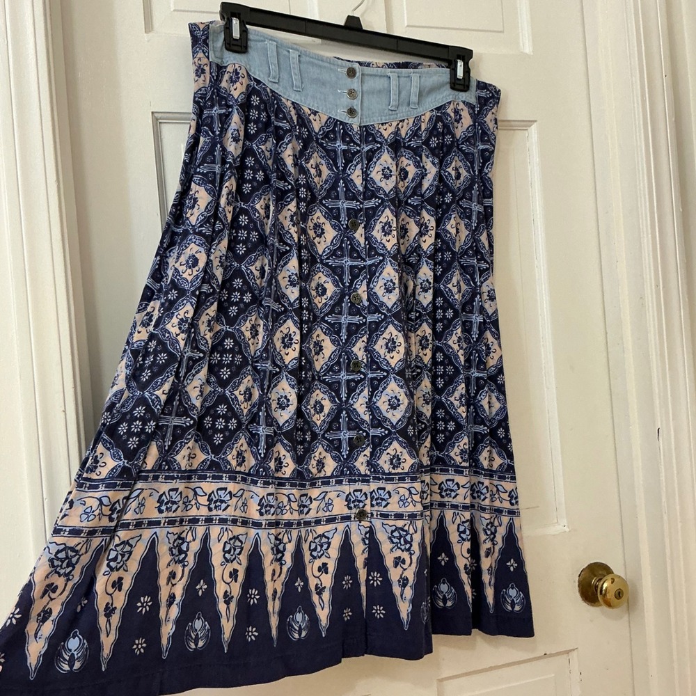 Denim Waist Mixed Media Midi Skirt PL Boho Festival Western Cottagecore Y2K VTG